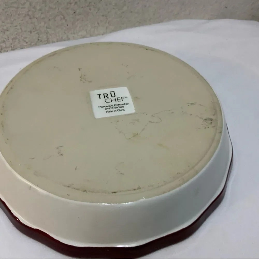Tru Chef Stoneware Round Baking Dish 9.5” Scalloped Red USA